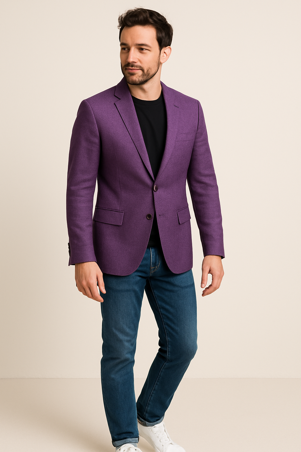 A man in a purple blazer walking with various footwear options laid out on the ground.