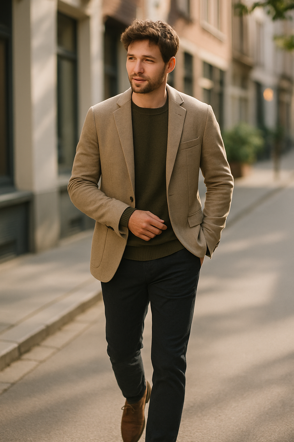 A man in a light blazer walking down a street, showcasing a stylish date night look.