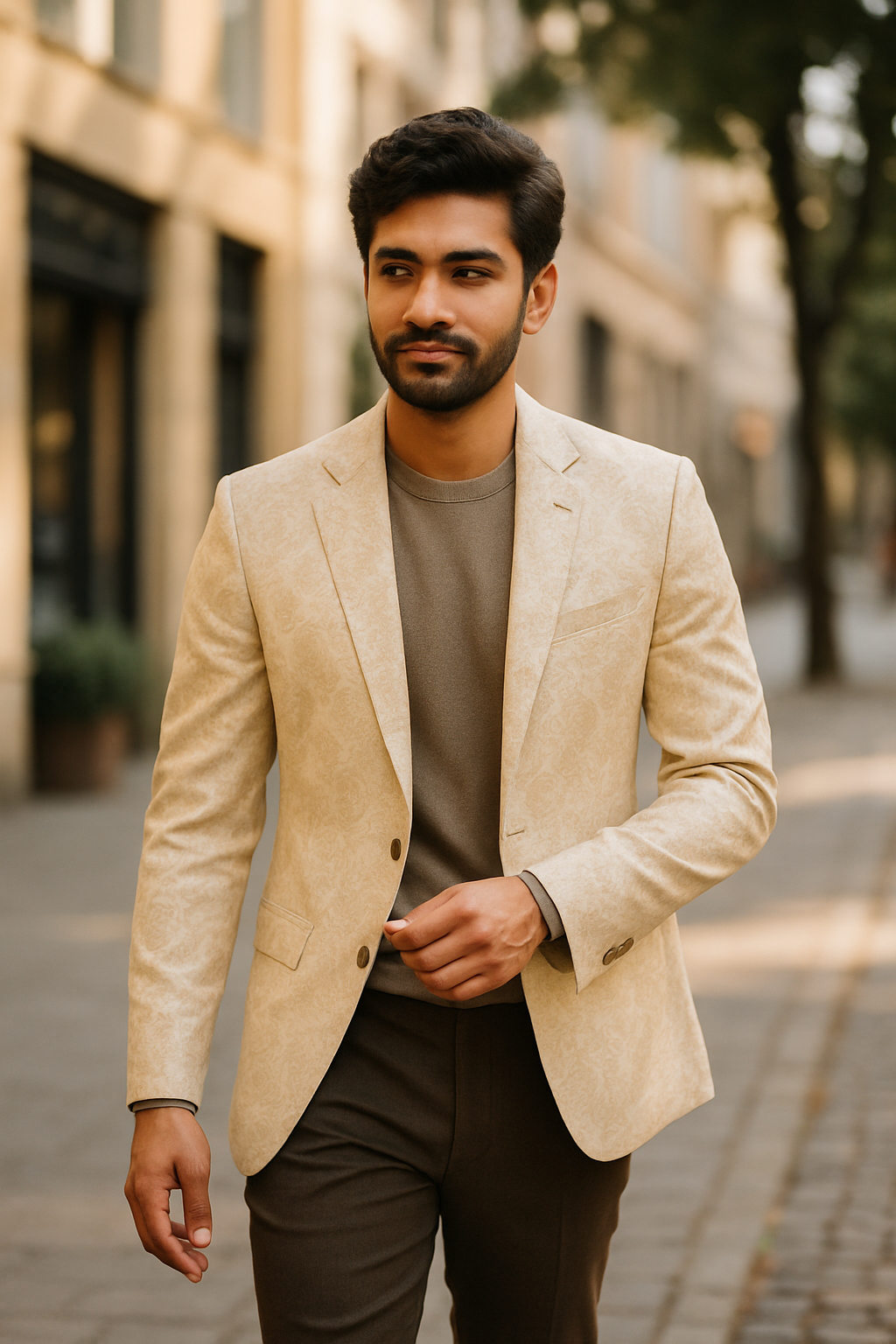 A stylish man wearing a light-colored blazer, walking confidently on a city street.