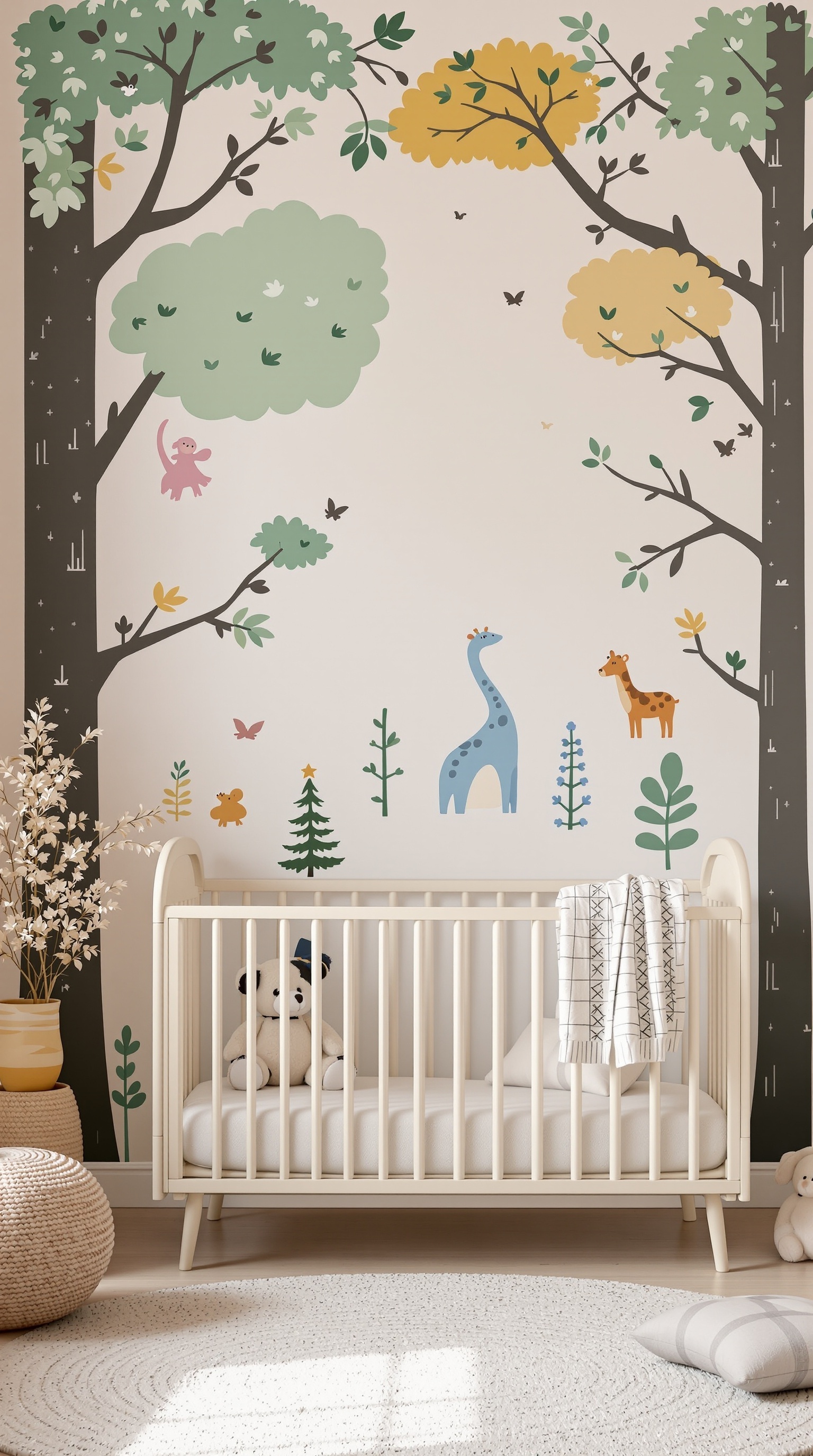 A nursery with forest-inspired wall decals featuring trees, animals, and a crib.