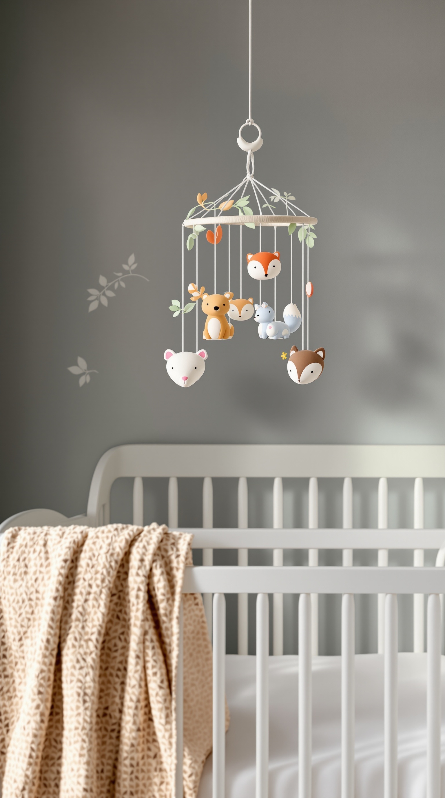 A forest-themed baby mobile featuring cute animal figures hanging from a delicate frame.