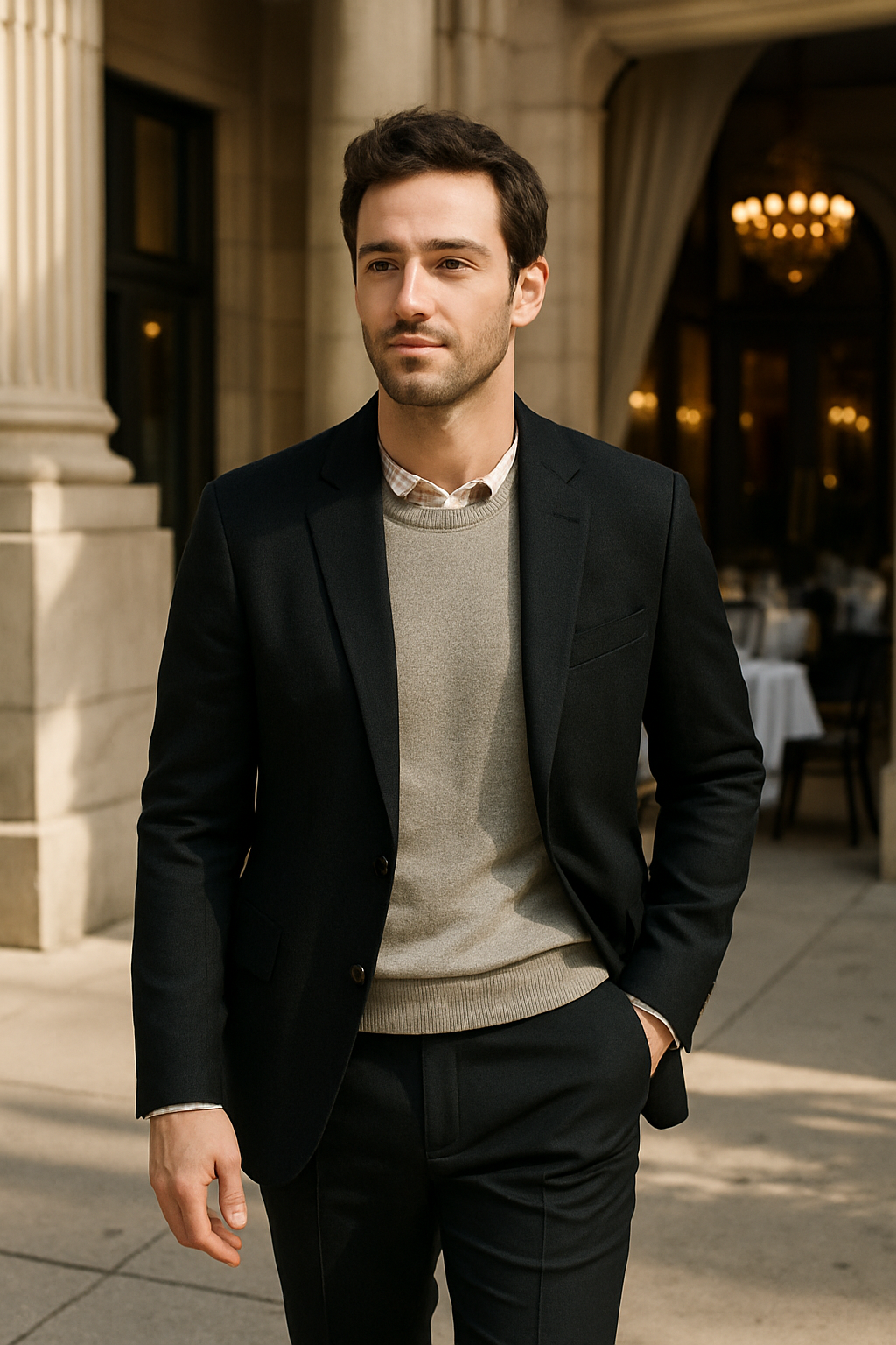 A man in a formal black blazer and dress pants, wearing a gray sweater underneath, standing outside an elegant building.