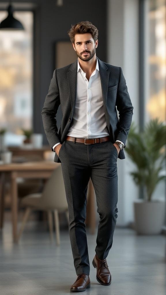 A man in a formal blazer and dress pants, looking stylish and confident.