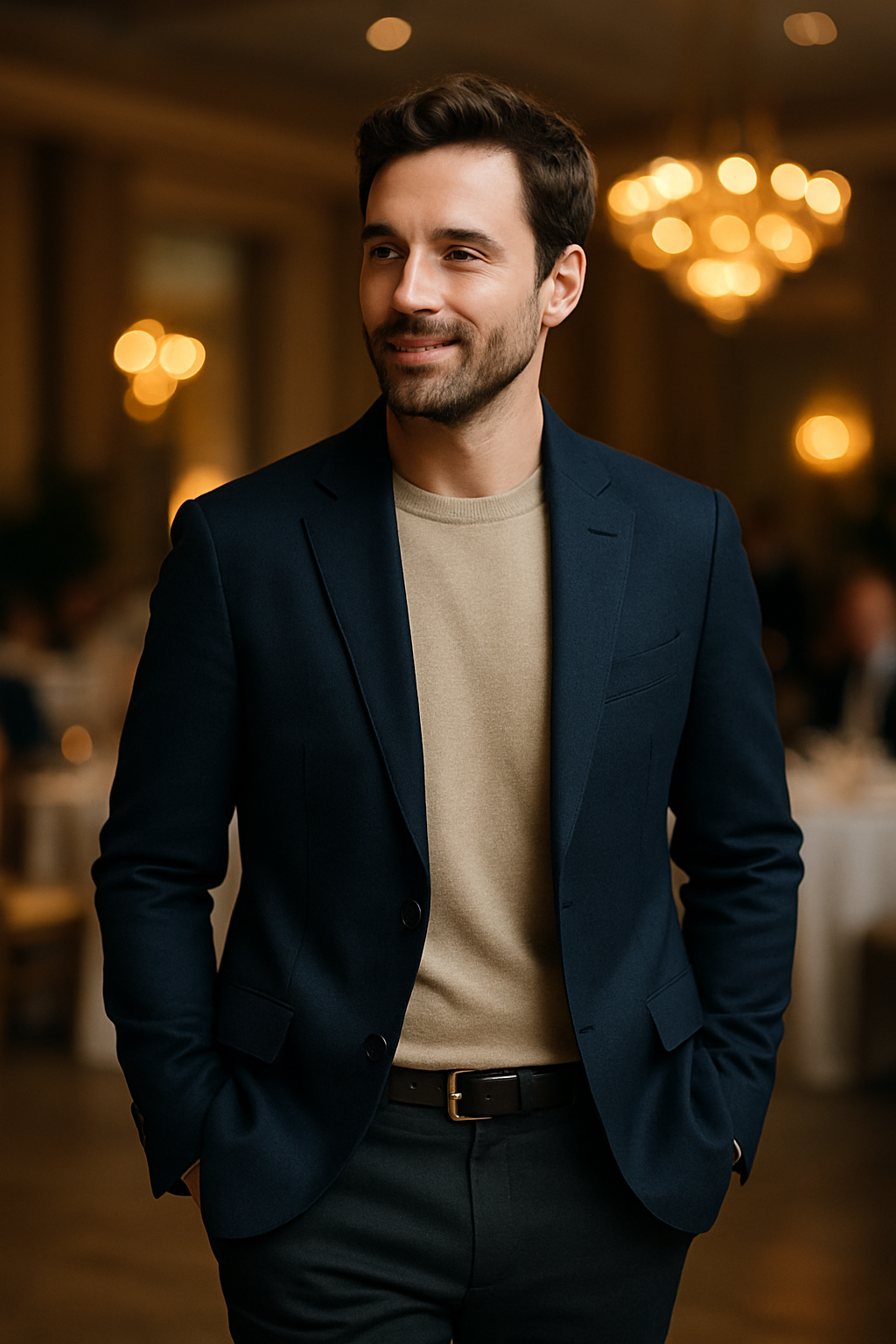 A man wearing a navy blue blazer with a beige top and tailored trousers, looking stylish and confident.