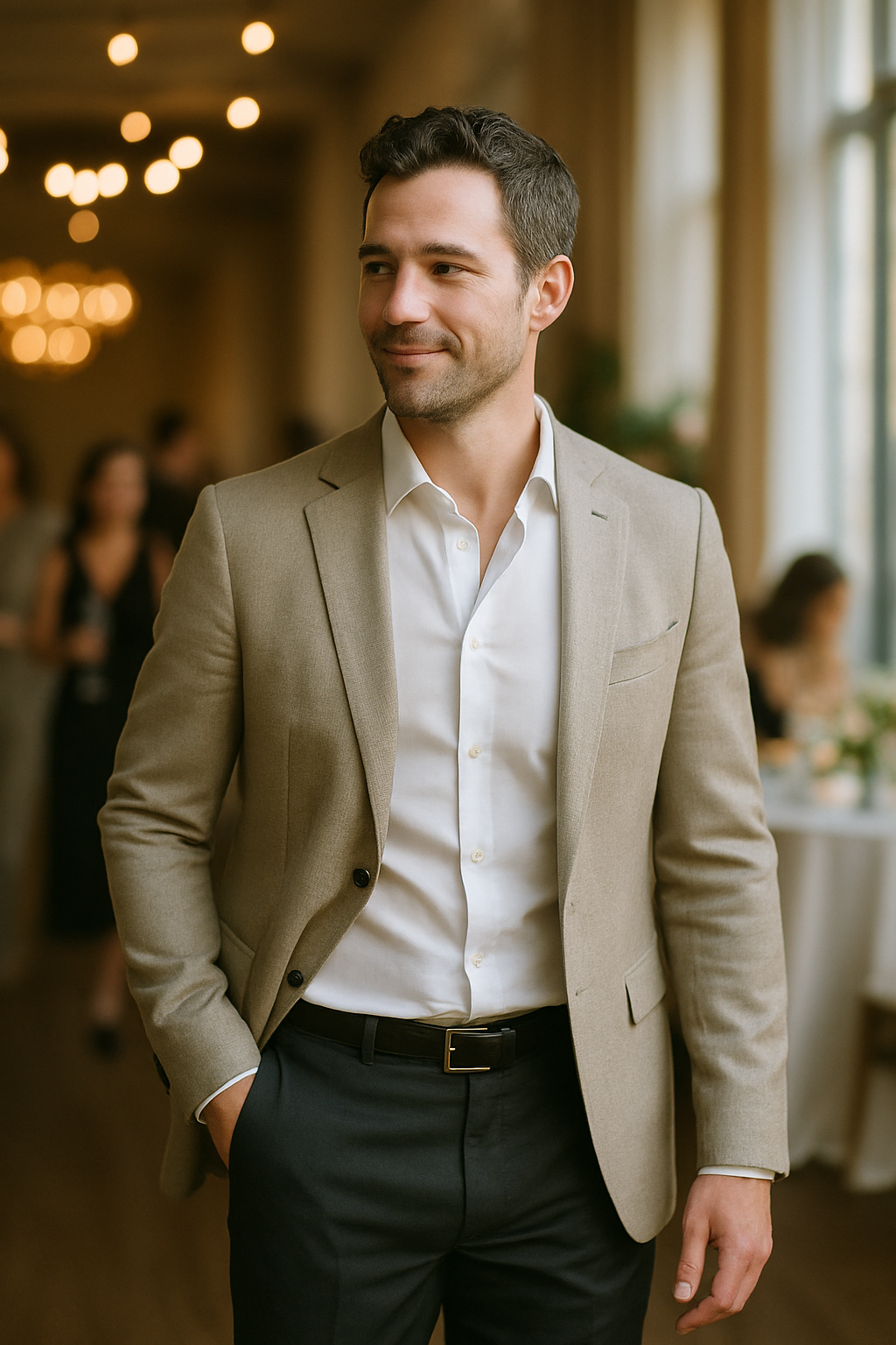 A man wearing a light blazer over a white dress shirt and dark slacks, smiling in a well-lit indoor setting.