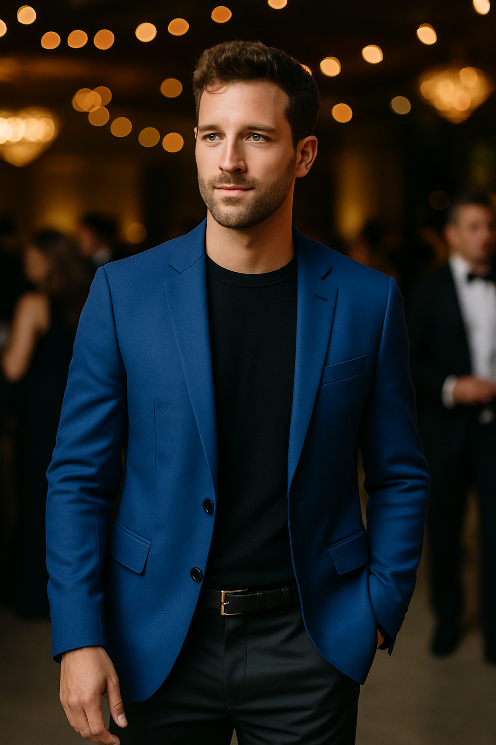 A man wearing a royal blue blazer, black shirt, and black dress pants, standing confidently in a formal setting.