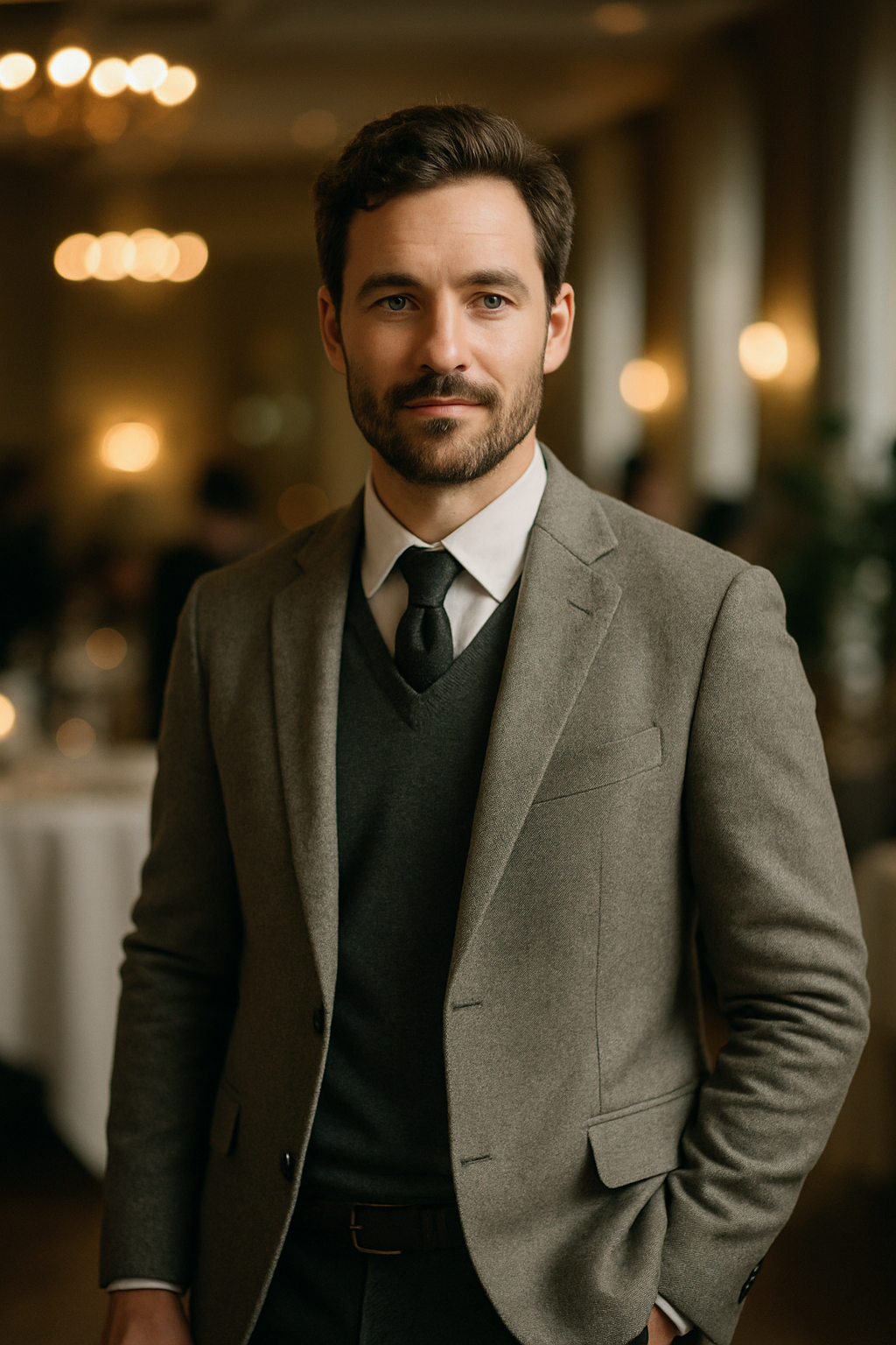 A man in a gray blazer with a tie, showcasing a formal outfit.
