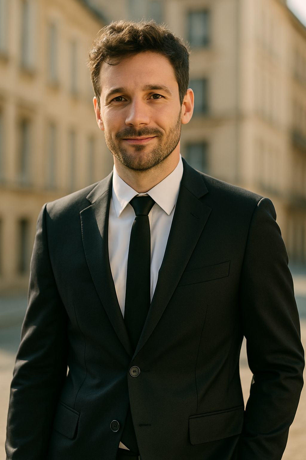 A man in a suit with a button-up shirt and tie, smiling outdoors.
