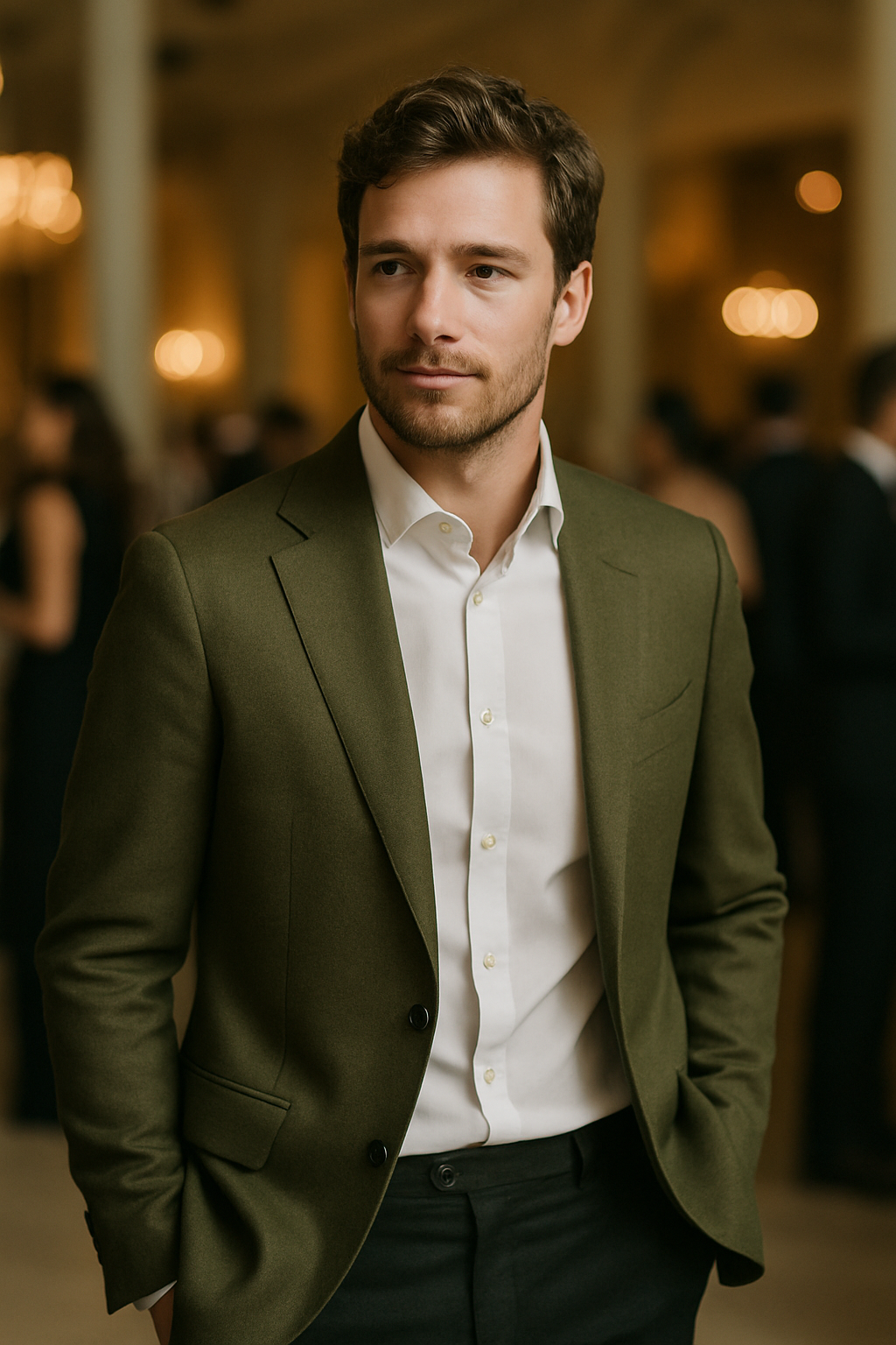 A man wearing an olive blazer with a white shirt, looking confident in a formal setting.