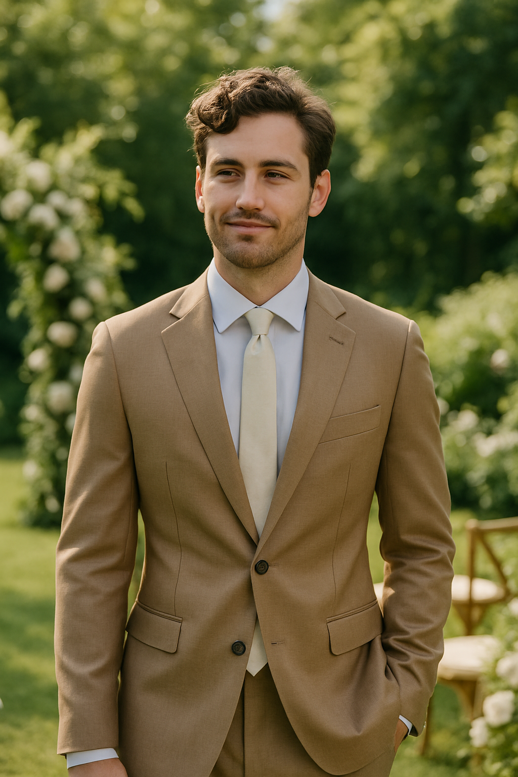 A man wearing a formal tan suit with a light-colored tie, standing outdoors in a garden setting.