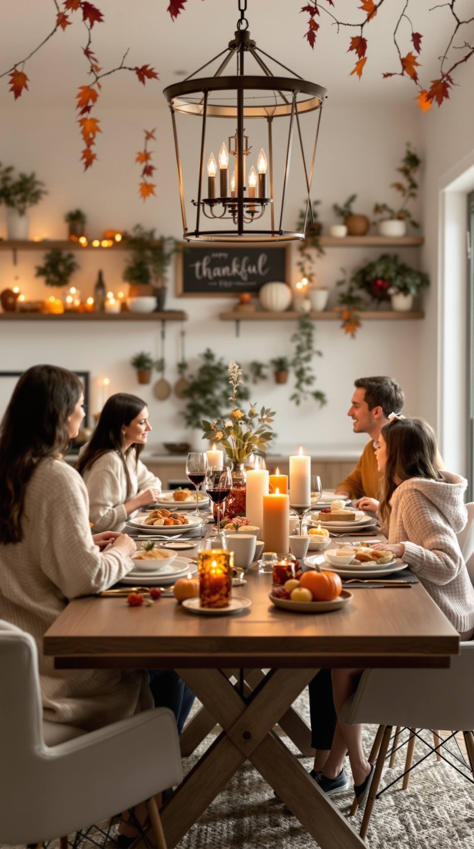 A family gathered around a beautifully set dinner table, sharing a meal in a cozy, autumn-themed setting with candles and decorations.