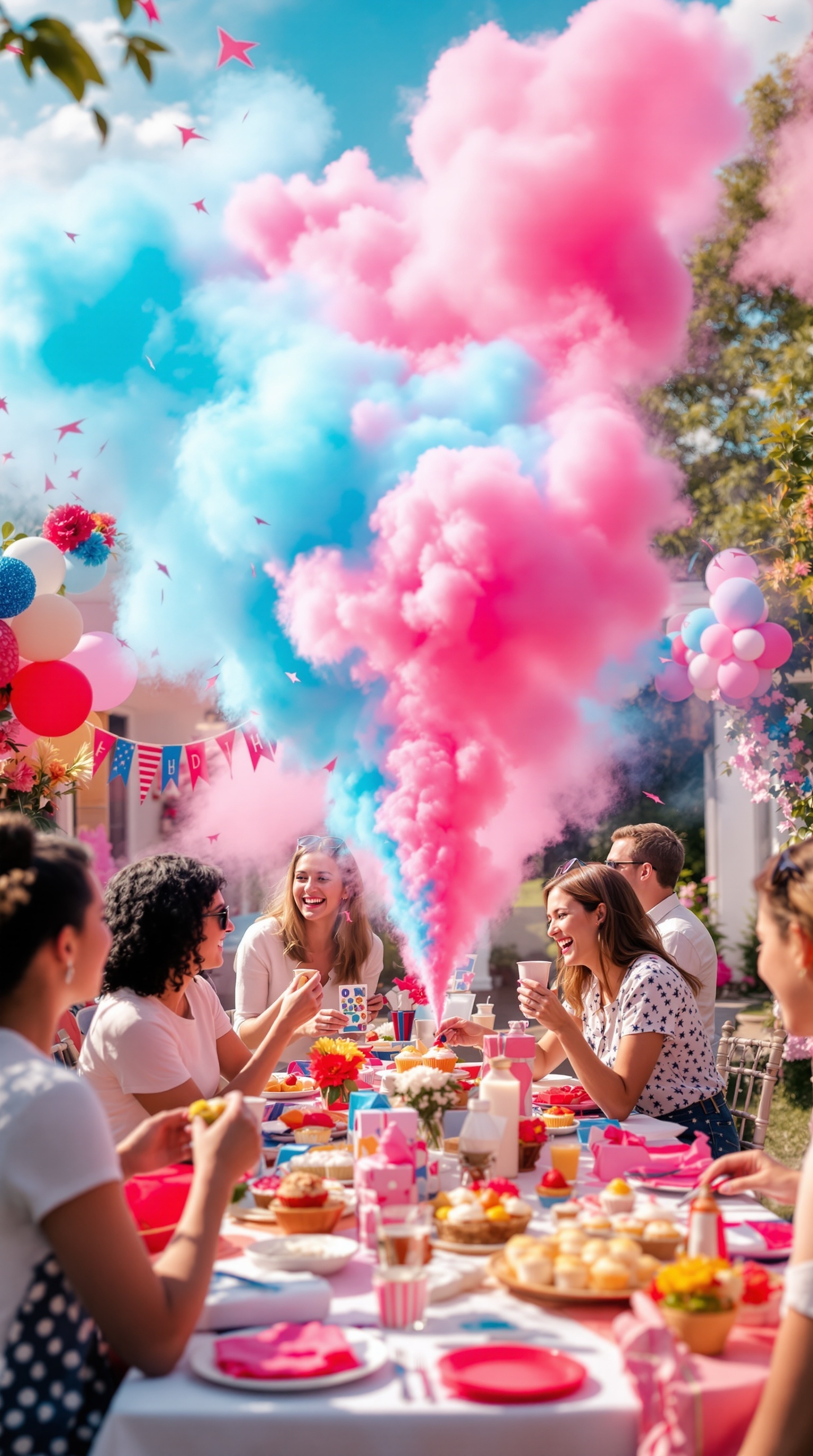 A festive Fourth of July gender reveal party with smoke bombs, colorful decorations, and happy guests.