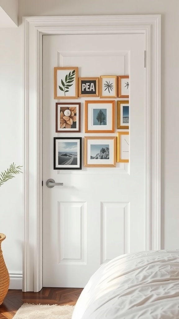 A white bedroom door decorated with a collage of framed artwork in various styles and sizes.