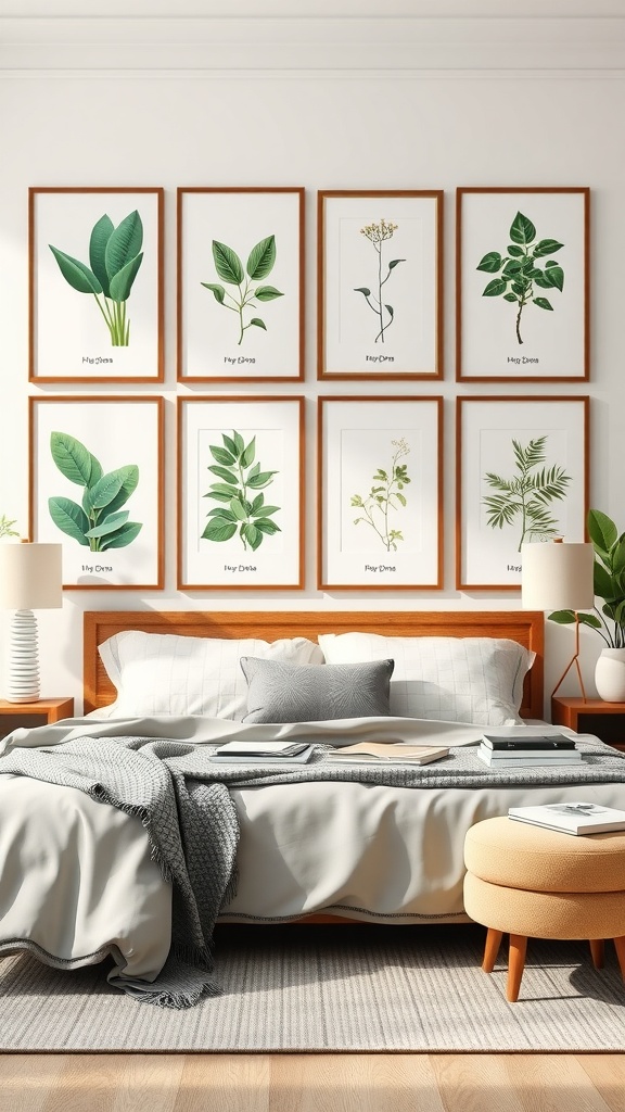 A collection of framed botanical prints featuring various green leaves, displayed above a bed in a cozy bedroom.