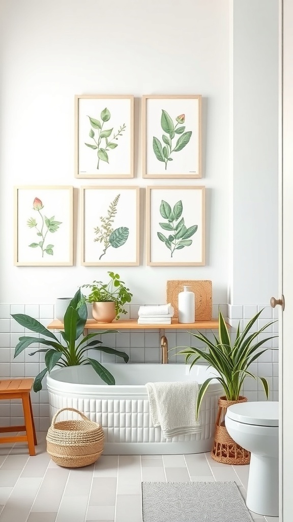 A bathroom featuring framed botanical prints on the wall, plants, a bathtub, and a wooden shelf.
