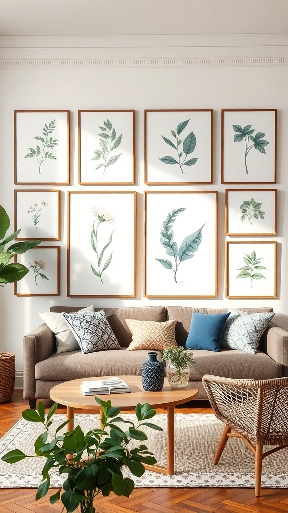A cozy living room with framed botanical prints hanging on the wall, featuring a couch and plants.