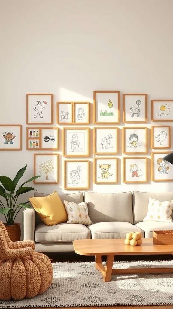 A gallery wall featuring framed children's art in a cozy living room with a sofa and decorative elements.