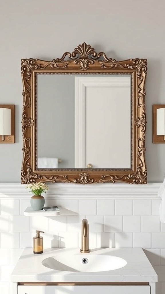 Ornate framed mirror above a modern sink in a stylish bathroom
