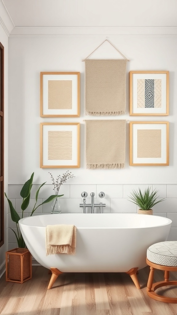 A bathroom with framed fabric wall hangings, a freestanding tub, and plants.