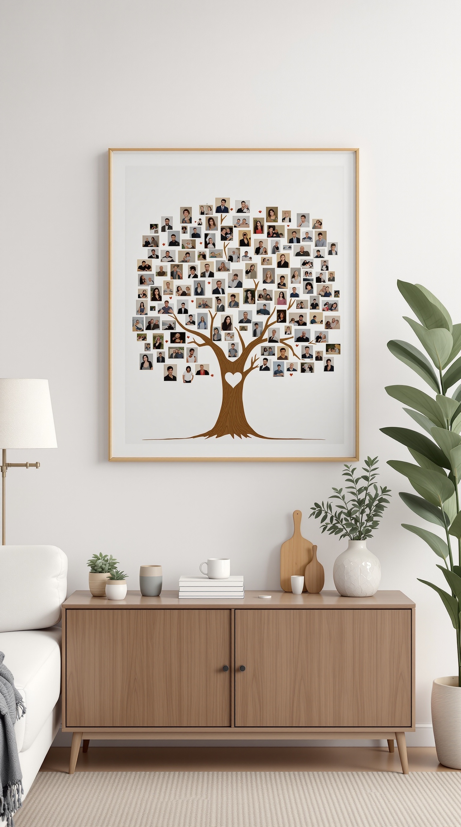 Framed family tree artwork displaying multiple family photos arranged in a tree design.