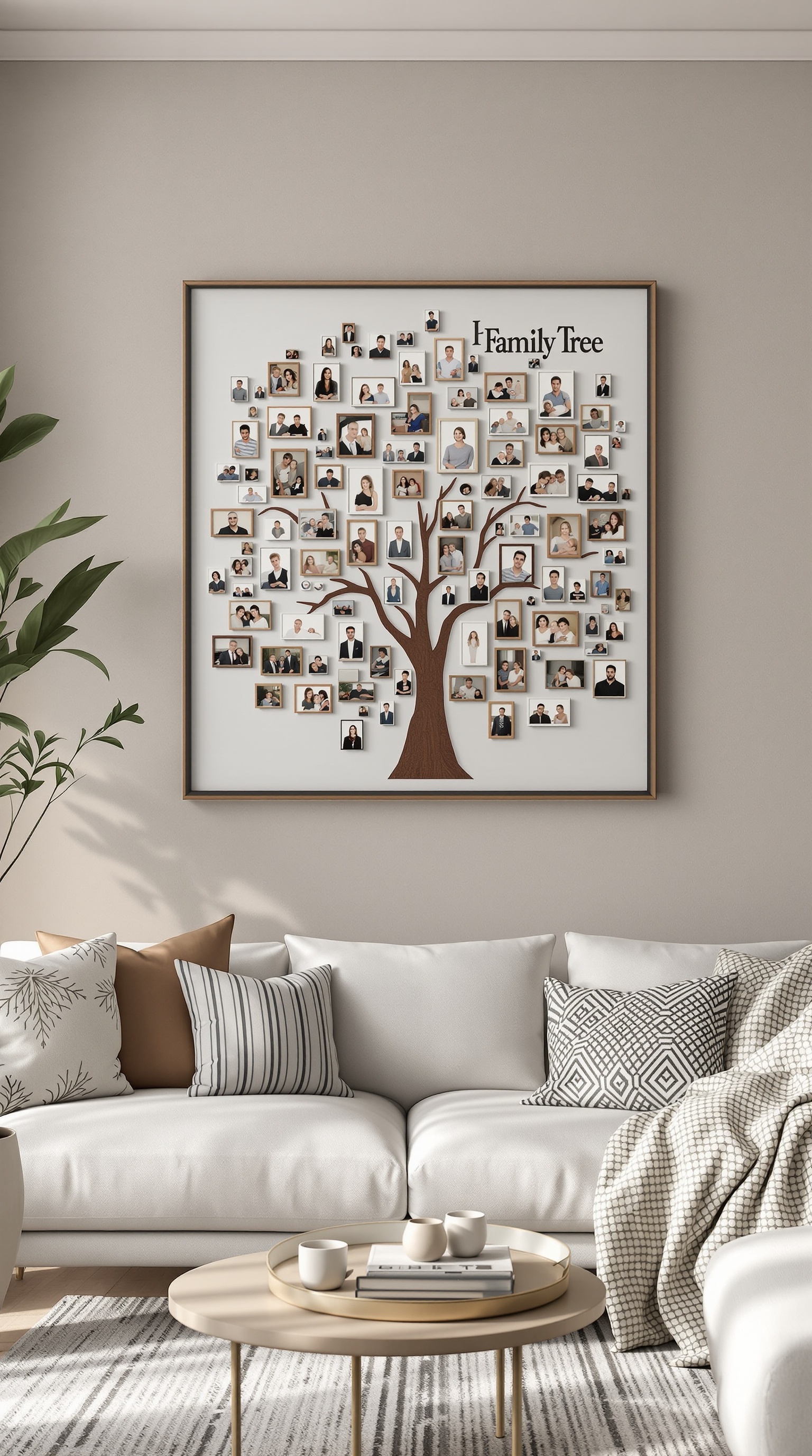 A framed family tree collage displaying multiple family photos arranged in the shape of a tree.