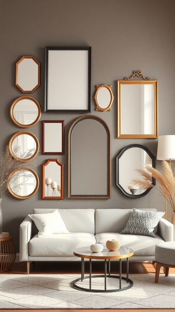 A gallery wall of framed mirrors in various shapes and sizes above a sofa.