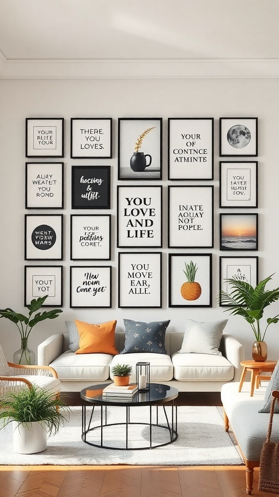 A gallery wall featuring framed inspirational art with quotes and illustrations, complemented by a cozy seating area.