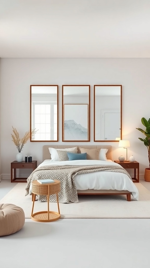 A minimalist bedroom featuring a bed with white bedding, three framed mirrors above it, and stylish decor elements.