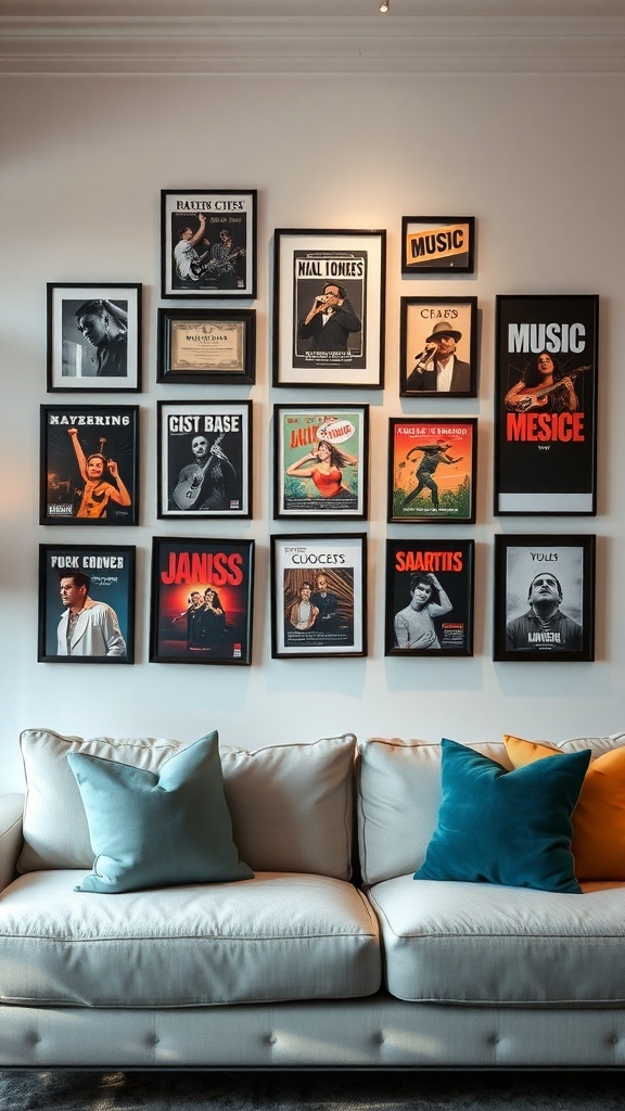 A gallery wall featuring framed music posters and photographs, showcasing various musicians and their performances.