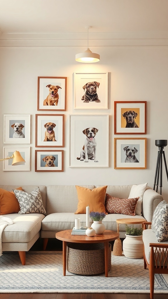 Gallery wall featuring framed portraits of various dogs above a cozy sofa.
