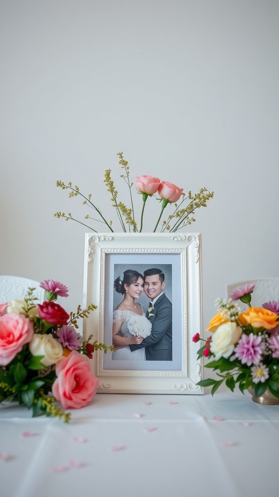 Wedding centerpiece featuring a framed photo of a couple surrounded by flowers.