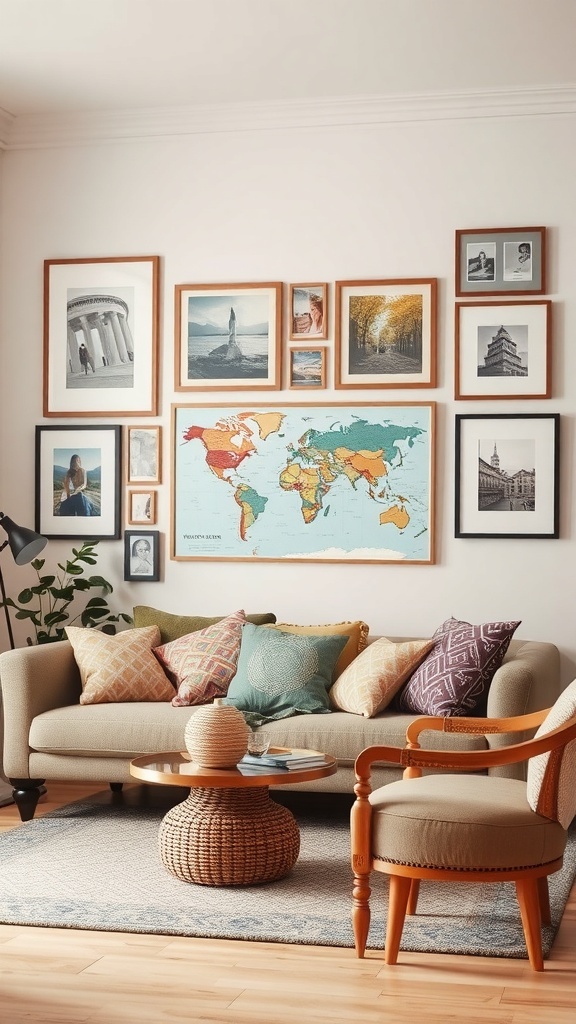 A cozy living room with a gallery wall featuring framed travel photos and a colorful world map.