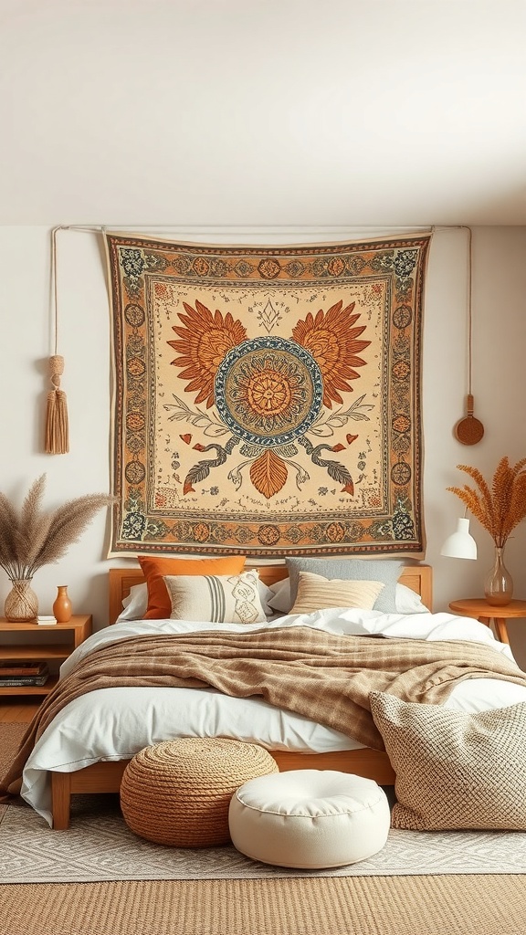 A beautifully framed vintage tapestry hanging above a cozy bed, featuring intricate floral designs in warm tones.