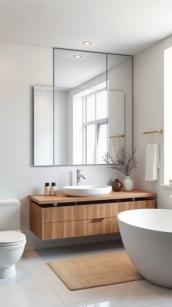 A modern bathroom featuring a frameless mirror above a wooden vanity with a round sink.
