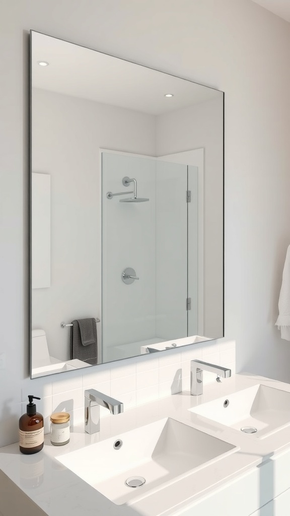 A stylish frameless mirror above a modern double sink vanity in a bathroom.