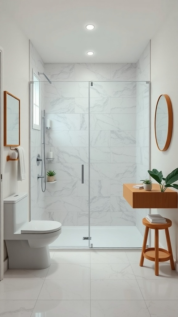 A modern small bathroom featuring a frameless shower with marble-like tiles, a wooden shelf, and green plants.