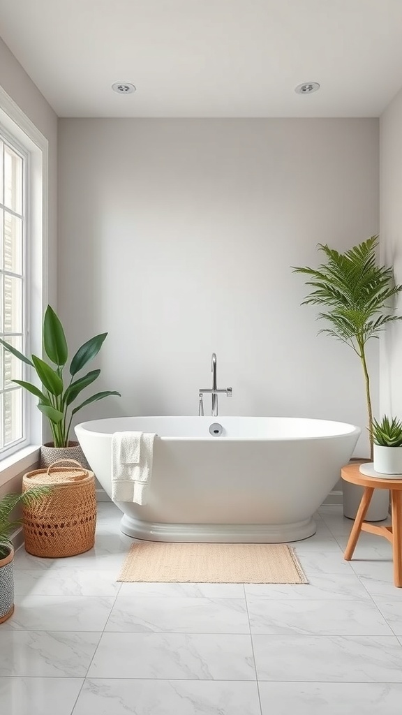 A serene bathroom featuring a freestanding white bathtub, plants, and marble flooring.