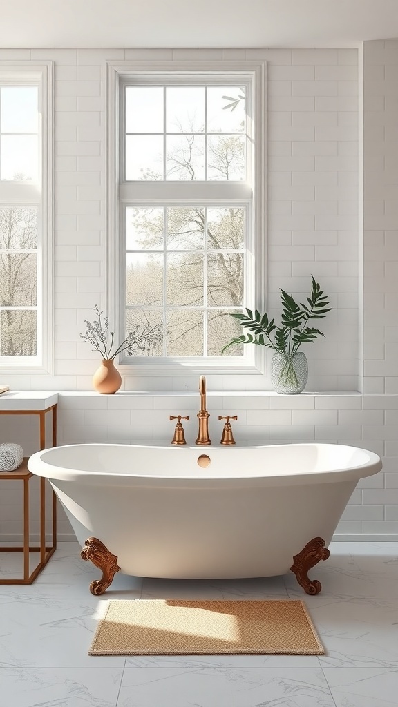 A luxury freestanding bathtub in a modern bathroom with large windows and elegant fixtures.