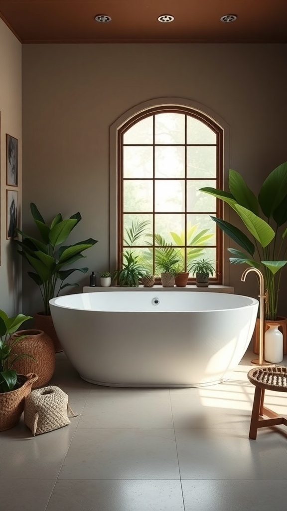 A modern freestanding bathtub surrounded by plants in a Japandi style bathroom.