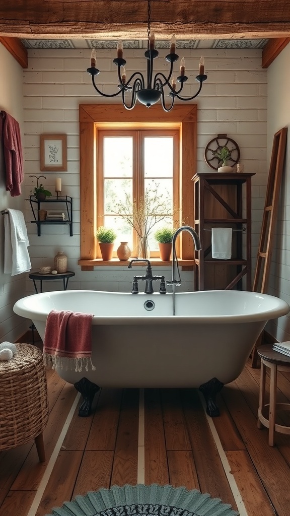A rustic bathroom featuring a freestanding bathtub, wooden beams, and natural light.