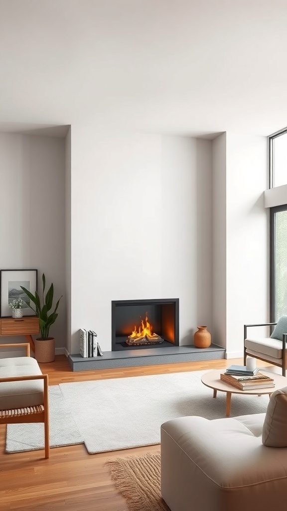 A modern freestanding fireplace in a minimalist living room with wooden flooring and natural light.