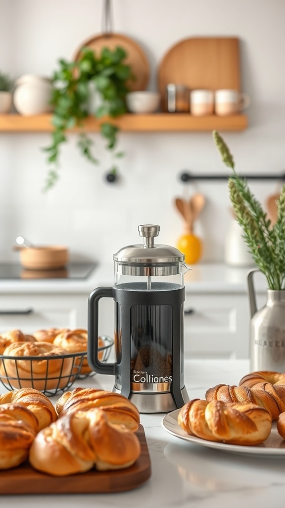 A French press on a kitchen counter with pastries and a cozy kitchen setting.