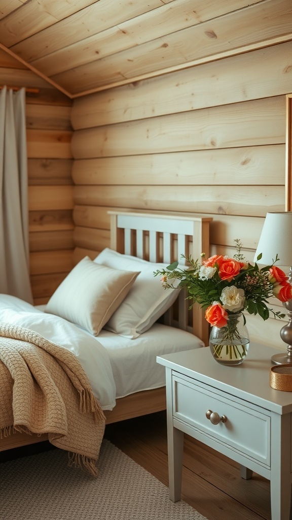 A cozy cabin bedroom featuring a fresh floral arrangement on a bedside table.