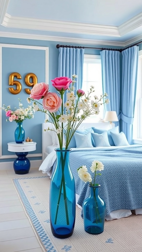 A blue and white bedroom featuring fresh floral arrangements in blue vases.