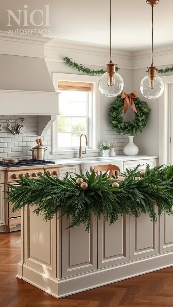A kitchen island decorated with a fresh greenery garland and gold ornaments, creating a festive atmosphere.