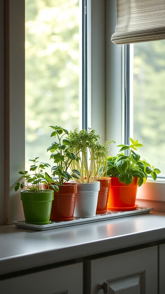 A colorful herb garden on a kitchen windowsill with various pots of herbs.