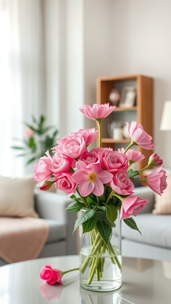 A fresh arrangement of pink flowers in a clear vase on a table in a cozy bedroom setting.