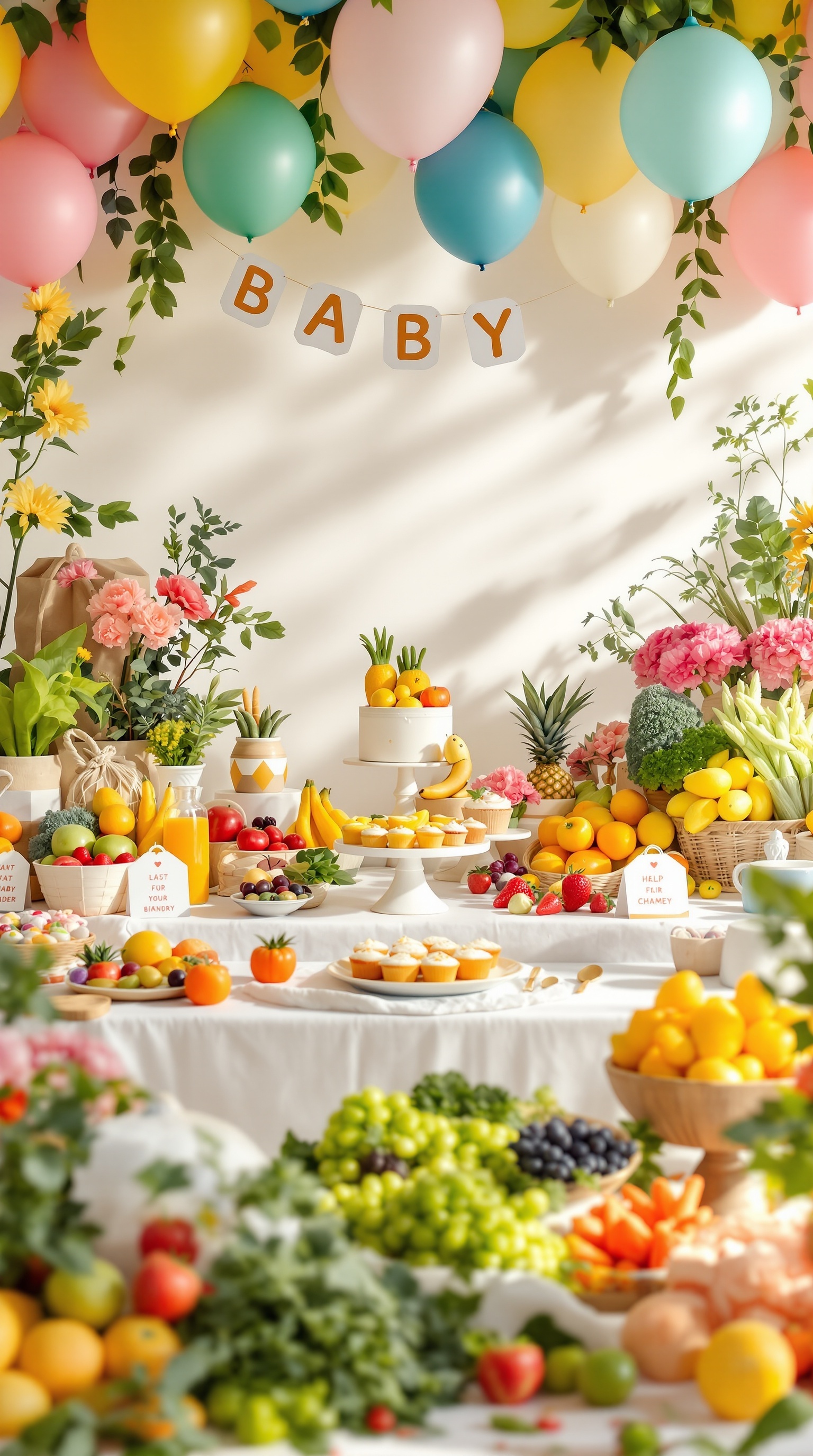 A colorful fresh produce snack bar with fruits, vegetables, and cupcakes, decorated for a baby shower.