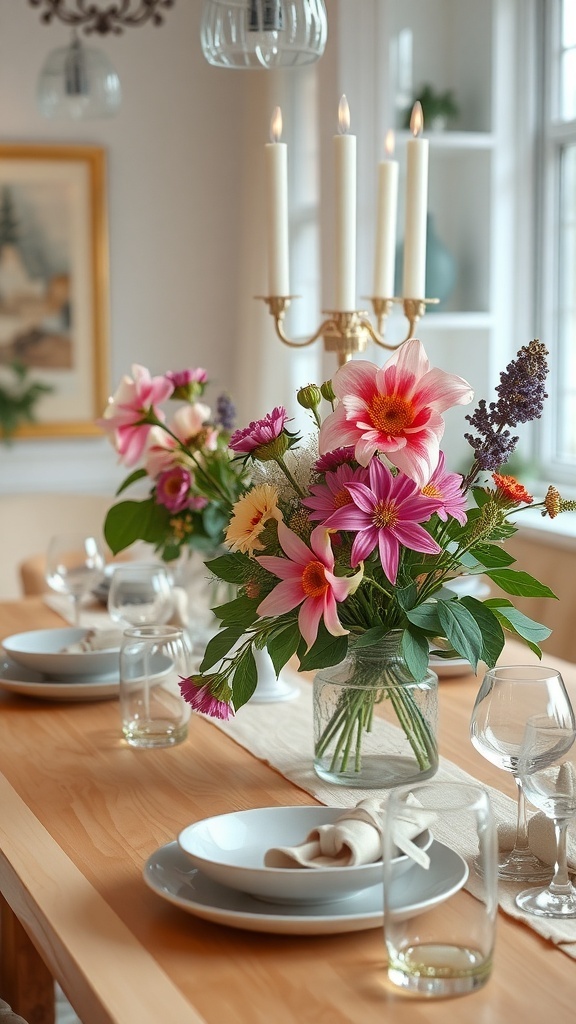 A winter tablescape featuring fresh seasonal flowers in vases, candles, and elegant dinnerware.