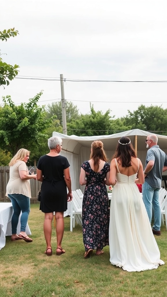 Friends and family gathering to help with a small backyard wedding